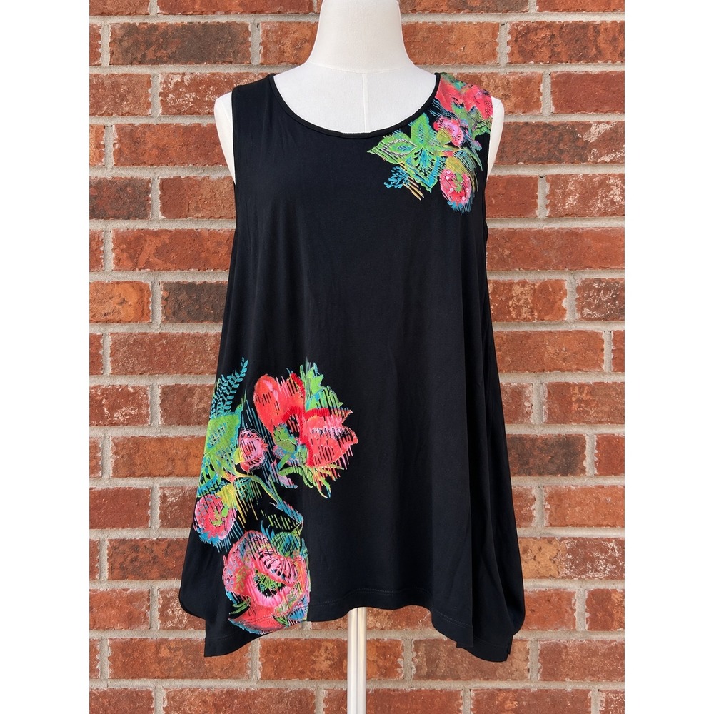 Desigual XXL Black Floral Graphic Handkerchief Hem Tunic Eclectic Artisan Boho